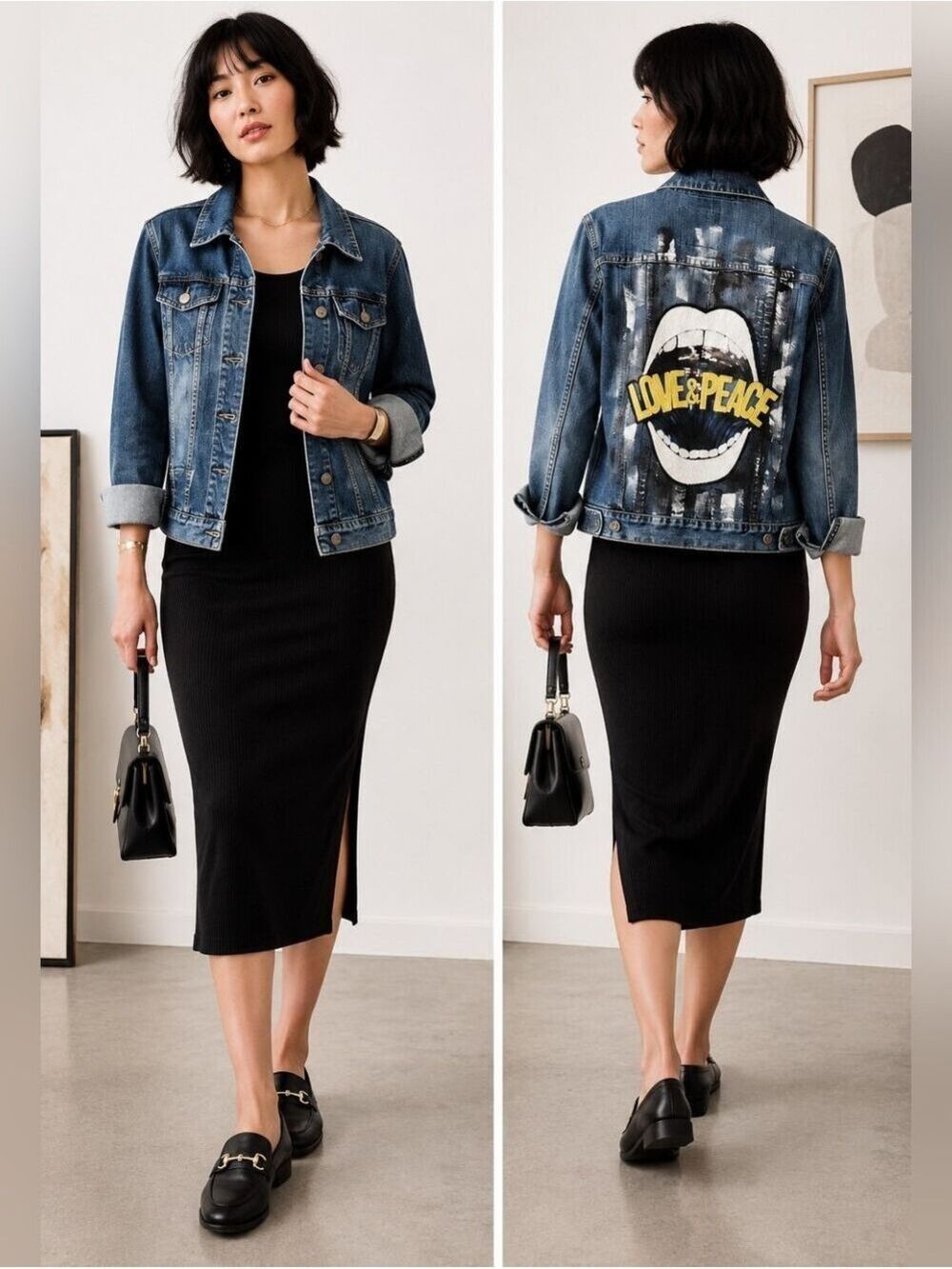 JUST BITTEN SJP PEACE LOVE SEQUIN BACK DENIM JEAN JACKET - LIKE NEW - SIZE SMALL